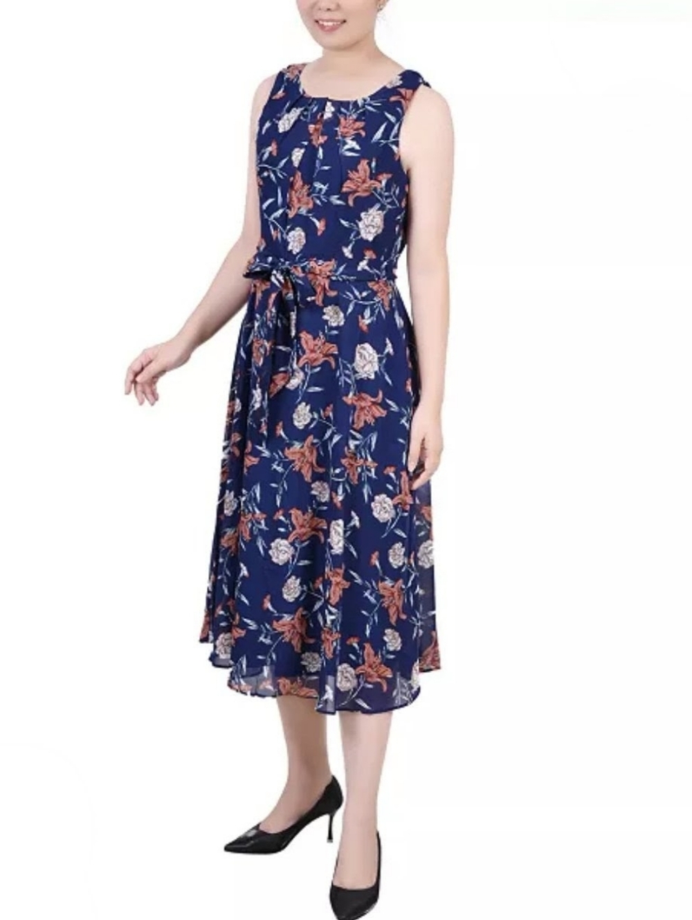 NWT NY Collection Women's Navy Floral Tie-Waist Midi Dress - Picture 3 of 8